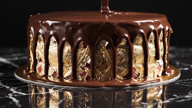 Luxurious Chocolate Glazed Strawberry Cake Drenched in Gold Leaf