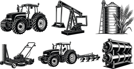 Agriculture and industry machinery silhouette set, tractor oil pump silo lawn mower plow equipment, farming industrial vector illustration collection isolated © It's Majed Here