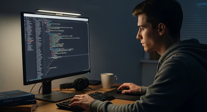 Young man intensely focused on coding on a computer screen in a dimly lit room, working late into the night