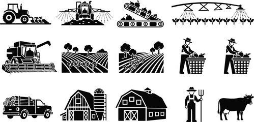 Agriculture farming icons vector set, tractor irrigation harvesting crops barn farmer and livestock symbols collection, rural farm elements illustration © It's Majed Here