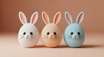Fototapeta premium Three adorable pastel colored easter bunnies with cute faces and long ears standing side by side on a peach background