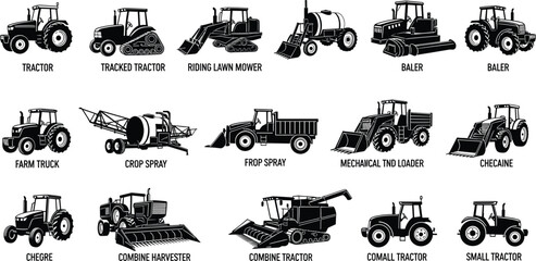 Agriculture machinery silhouette icon set, tractor combine harvester baler farm truck crop sprayer loader equipment, black farming machine vector illustration collection © It's Majed Here