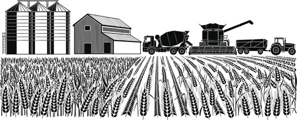Agriculture wheat harvest landscape vector illustration, grain silos barn combine harvester tractor truck and rural farming field crop production scene © It's Majed Here