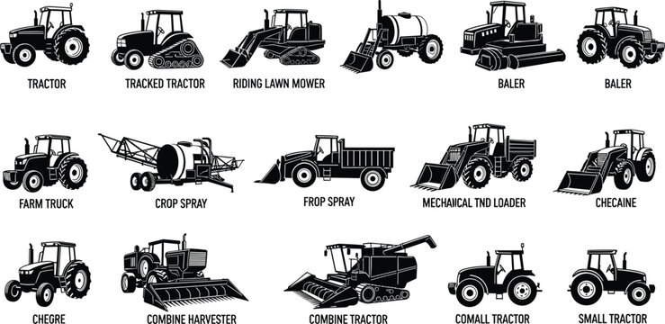 Agriculture machinery silhouette icon set, tractor combine harvester baler farm truck crop sprayer loader equipment, black farming machine vector illustration collection