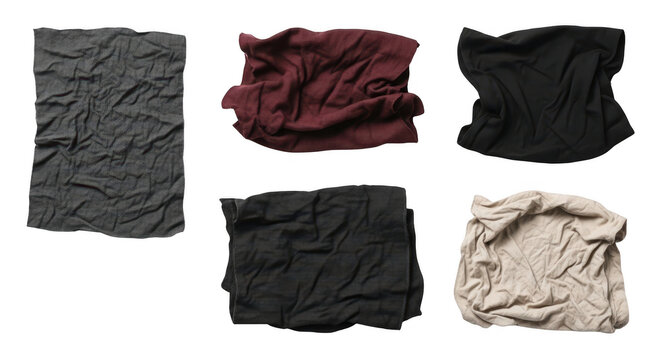 A collection of five distinct fabric swatches in various colors and textured knit material types