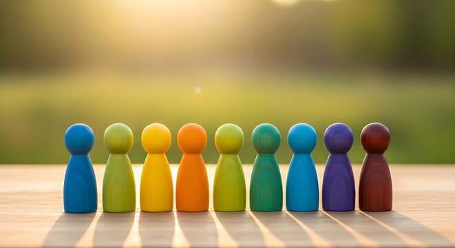 A row of colorful wooden game pieces standing on a table outdoors in a line