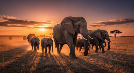 Fototapeta premium A herd of elephants walking across a savanna at sunset, with long shadows stretching across the dusty ground and acacia trees in the background