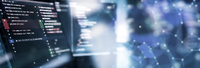 Abstract Software Code Diff Background with Futuristic Network Overlay and Copy Space for Technology Banner Design