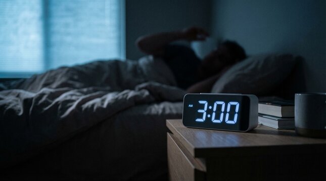 Digital alarm clock showing 3:00 AM on bedside table with person awake in bed