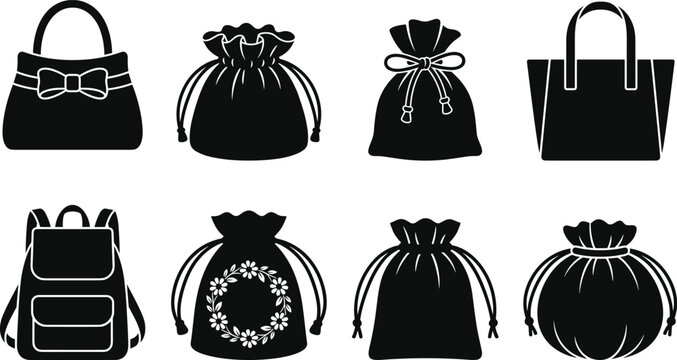 Vector collection of fashion bag silhouettes including backpacks, tote bags, drawstring pouches, and gift sacks isolated on white background for design