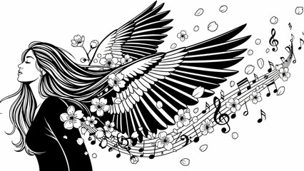 Fototapeta premium Woman with Angel Wings, Cherry Blossoms, and Musical Notes - Symbol of Freedom and Creativity