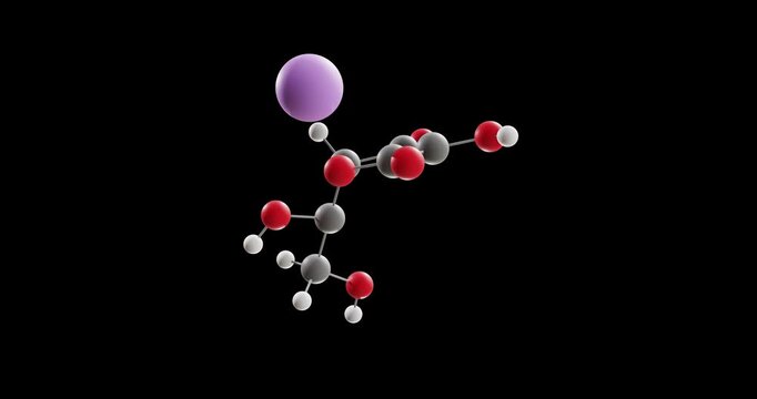 Sodium ascorbate molecule, rotating 3D model of vitamin c derivative, looped video on a black background
