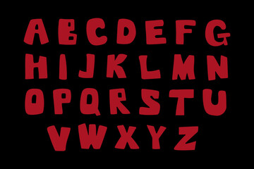 Bold playful hand drawn alphabet letters. Funky cartoon uppercase ABC font with irregular shapes. Childish typography for posters, kids design, logos and creative titles