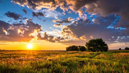 Naklejka premium Colorful sunset over a grassy field