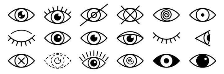 Outline eye icons. Open and closed eyes images, sleeping eye shapes with eyelash, vector supervision and searching signs. © Vasyl Yurlov