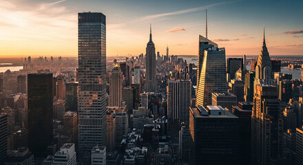 Fototapeta premium Aerial view of new york city skyline at sunset drone footage New York city