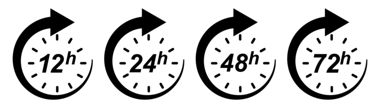 12, 24, 48 and 72 hours clock arrow. Delivery and service time. Vector icon Illustration.