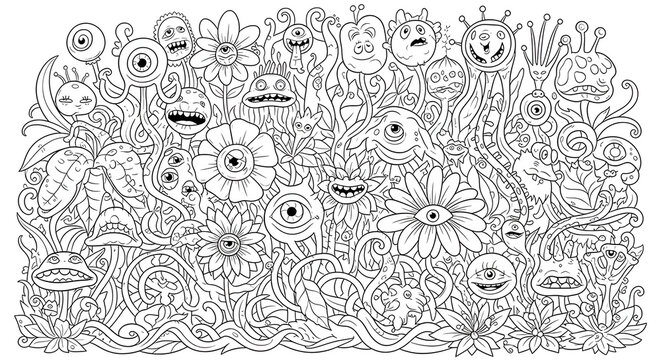 Detailed Black and White Line Art Doodle of Surreal Monsters and Flowers