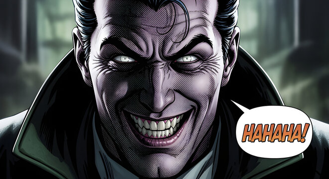 Evil Laughing Villain Character in Purple Tones with Comic Style Halftone