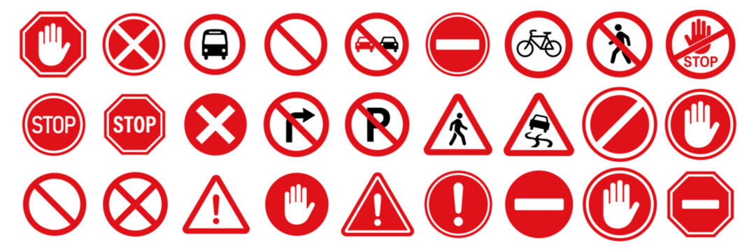 Set stop red sign icon with white hand, do not enter. Warning stop sign - stock vector