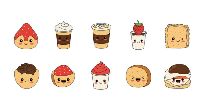Kawaii dessert and beverage cartoon collection