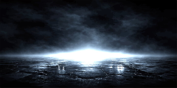 A bright glowing light emerging from the horizon over a dark and cracked stone ground at night