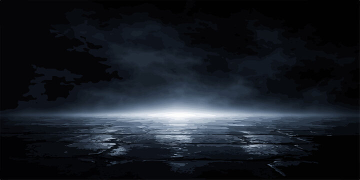 A moody dark landscape with a glowing horizon line reflecting on a wet and textured stone surface