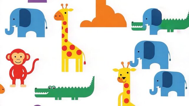 Colorful cartoon jungle animal collage.