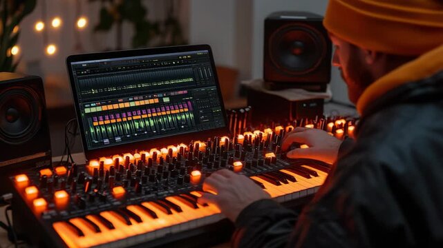 selective focus modern music producer working on laptop with digital audio software