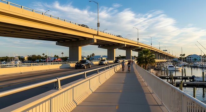 Bridge over water with cars and people walking.