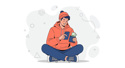 Obraz premium Young Man Sitting Cross-legged, Holding Wallet with Cash, Casual Style