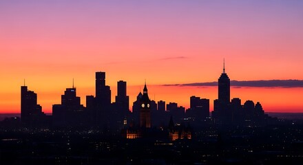 Fototapeta premium Silhouetted cityscape against vibrant sunset, featuring iconic architecture