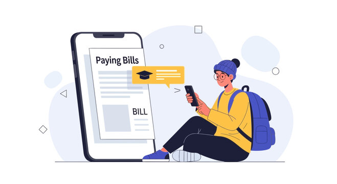 Student paying bills online via mobile app, education finance concept