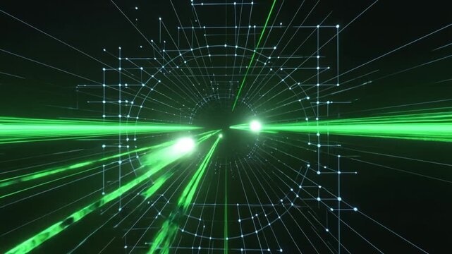 Abstract green technology background with glowing waves and binary code in a digital cyberspace design
