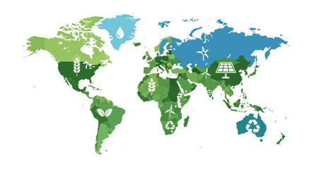 Obraz premium Sustainable World Map: Global Resources, Green Energy & Environmental Protection Icons