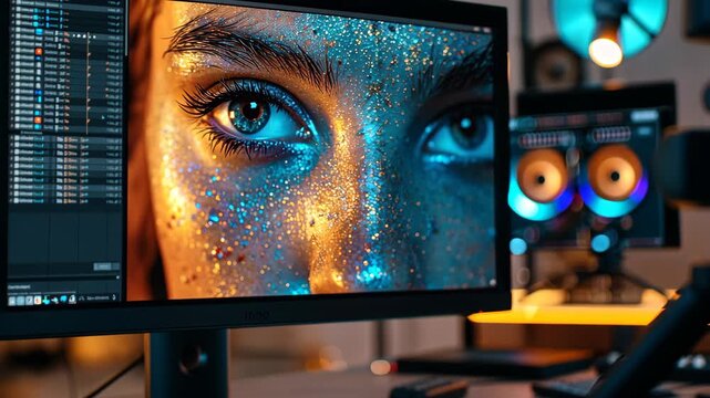 selective focus on monitor displaying before and after retouched image