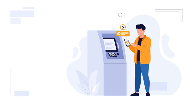 Man using smartphone at ATM for contactless payment and banking transaction