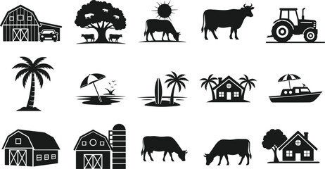 Farm and countryside silhouettes vector set, barn tractor cows trees and rural landscape icons collection, agriculture village elements illustration © MstSanoara
