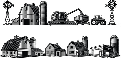 Farm buildings and agricultural machinery vector illustration, barn silo tractor and combine harvester rural countryside landscape collection © MstSanoara