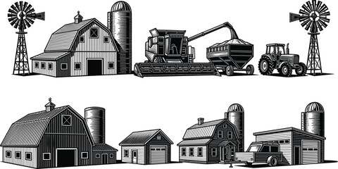 Farm buildings and agricultural machinery vector illustration, barn silo windmill tractor and combine harvester rural countryside farming collection © MstSanoara