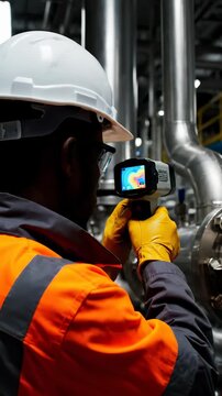 Thermal inspection in industrial plant. Technician uses thermal camera for safety checks. Vertical view captures critical analysis in manufacturing environment.