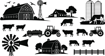 Farm life silhouettes vector set, barn windmill tractor cows and rural landscape elements collection, agriculture countryside icons illustration © MstSanoara