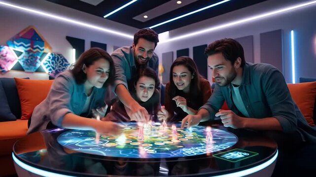 Family playing interactive board game.