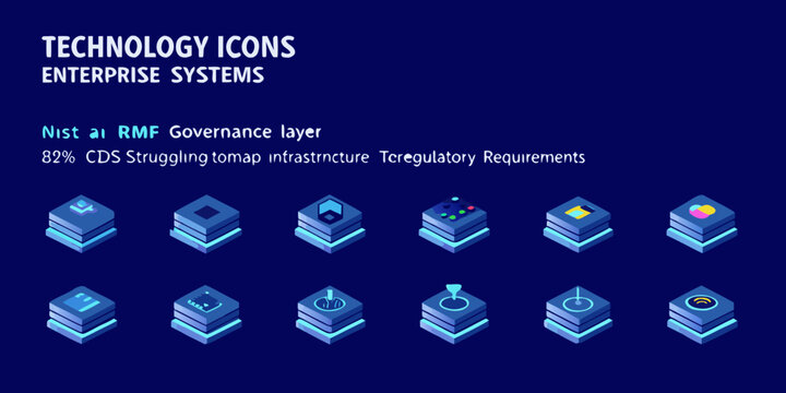 Isometric technology icons representing enterprise systems and governance layers