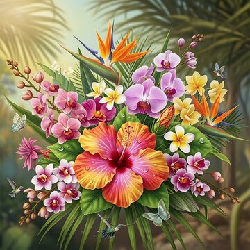 Tropical Floral Arrangement - A Vibrant Display of Exotic Blooms.