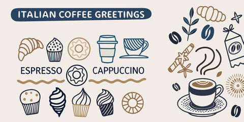 Italian coffee greetings with illustrations of beverages and pastries © Debashis