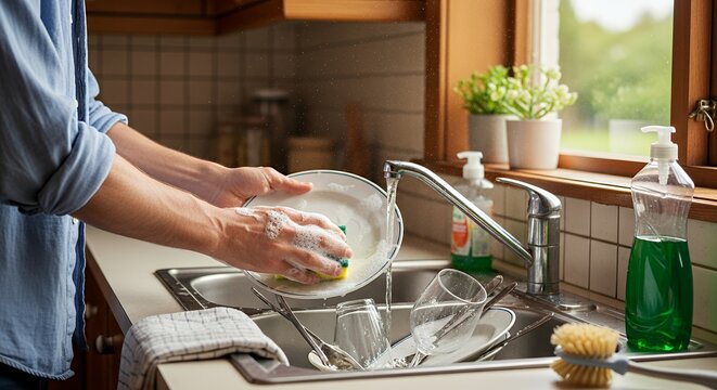 A person washes dishes in a kitchen sink with running water and soap bubbles, surrounded by clean and dirty plates