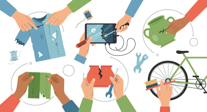 Sustainable Repair & DIY: Hands mending clothes, fixing cracked tablets, restoring pottery, and maintaining bikes. Embracing circular economy principles.