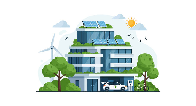 Sustainable Smart City Building with Solar Panels, EV Charging, Wind Turbine, and Green Infrastructure - Eco-Friendly Urban Living