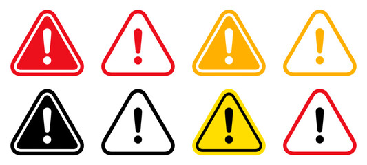 Exclamation mark warning signs, danger sign, triangle alert icons set, precaution mark in red black yellow colors